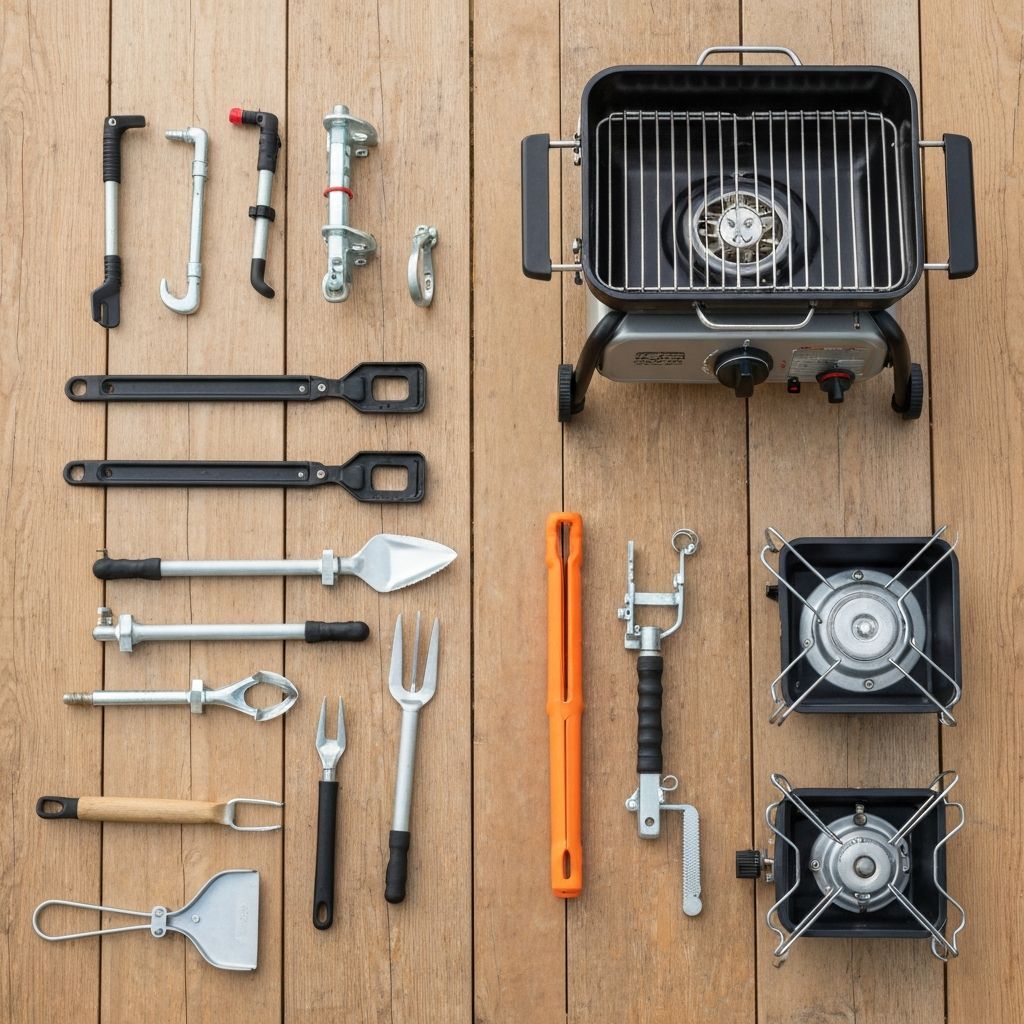 Portable gas BBQ and caravan accessories arranged on a timber surface