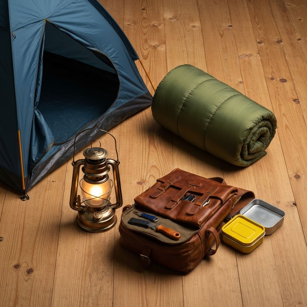 Camping equipment including tent, sleeping bag, lantern and backpack laid out on timber