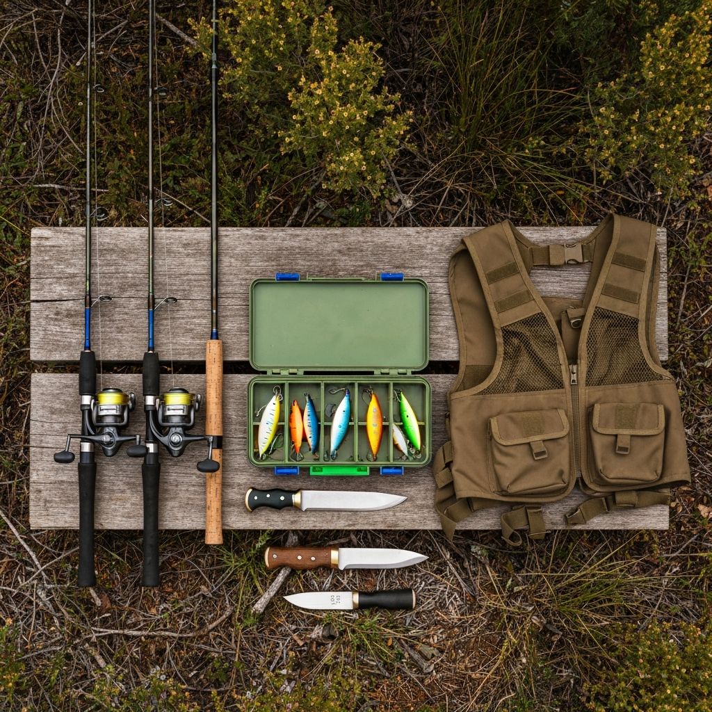 Fishing rods, reels, tackle box and lures arranged on rustic timber