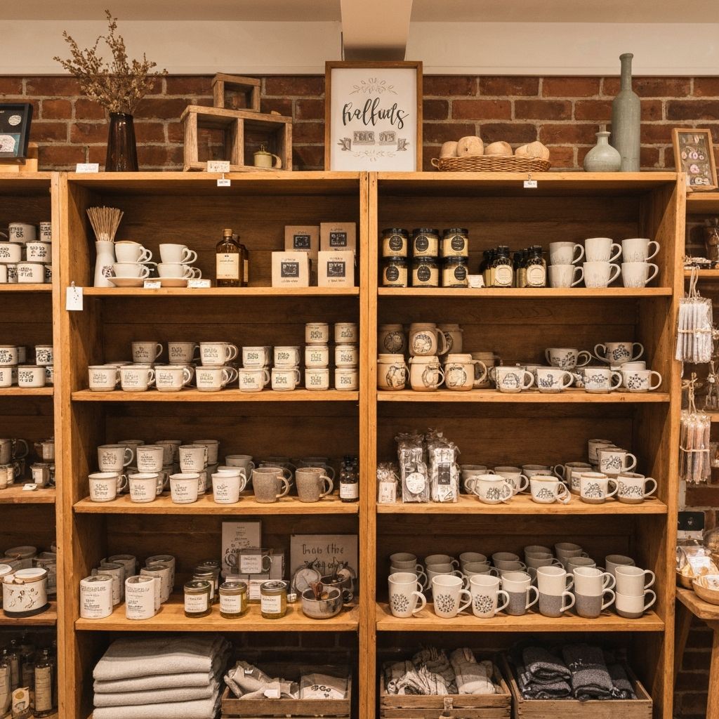 Giftware display including candles, local crafts and decorative items on timber shelves