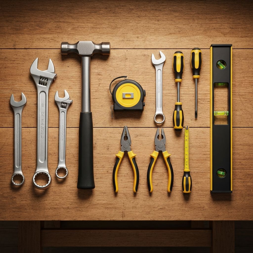 Collection of hardware tools including hammer, wrenches, screwdrivers and tape measure on a workbench