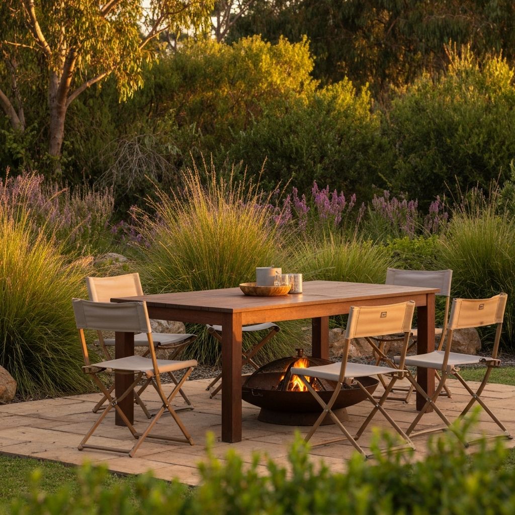 Outdoor furniture including timber table, folding chairs and camp chairs set up in a bush garden